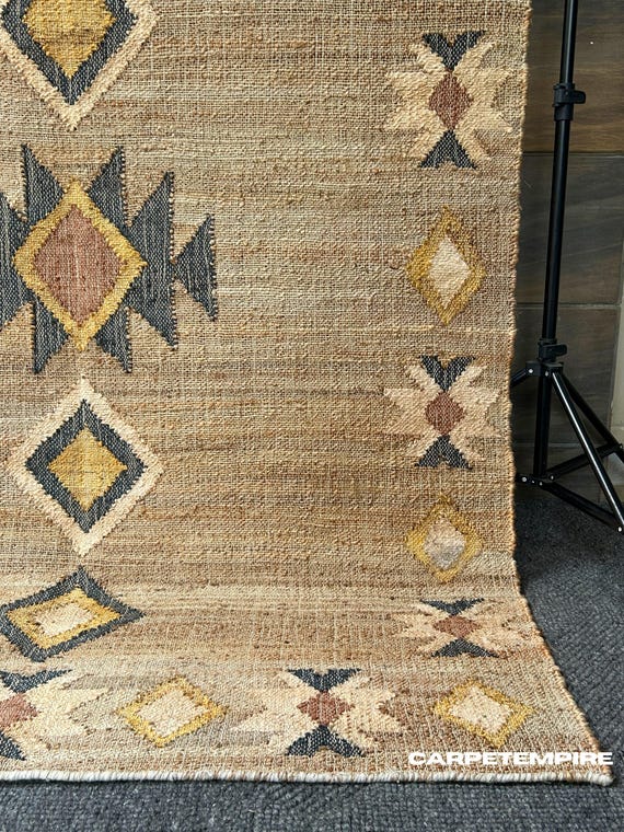 Scandi Jute Area Rug : Neutral Kilim Muted • Moroccan Farmhouse Natural • Handwoven Cottagecore Living Rug