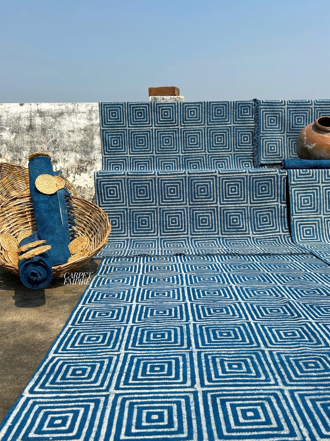 Modern Blue Rug - Indigo Hand Block Printed Blue Rug - Cotton Area Rug ...