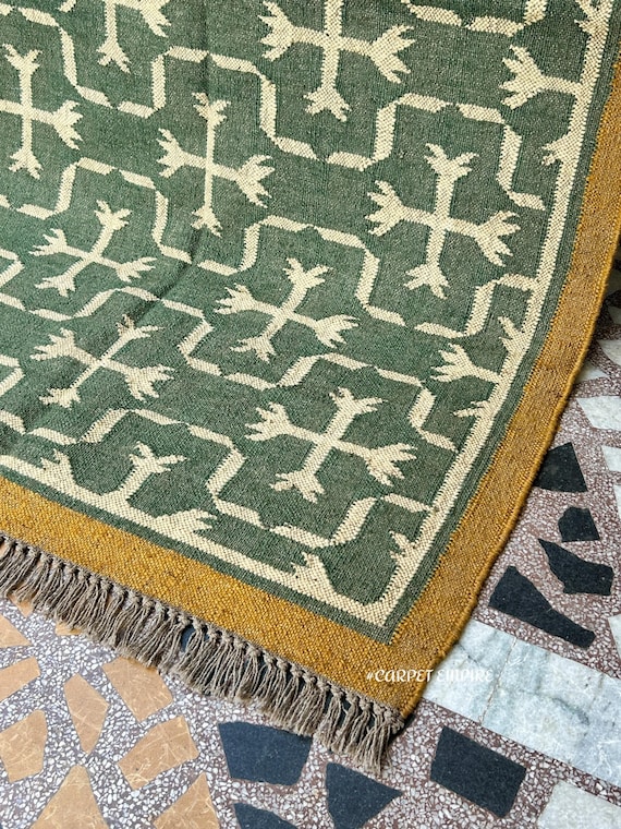 Green Kilim Area Rug: Vintage Southwestern Home Decor, Handmade Flatweave Dhurrie , Traditional Indian Wool