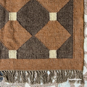 Brown Kilim Rug, Handwoven Geometric Wool Jute Rug, Handmade Kilim Dhurrie Rug, Traditional Indian Jute Area rug, Flatweave Custom Size Rug