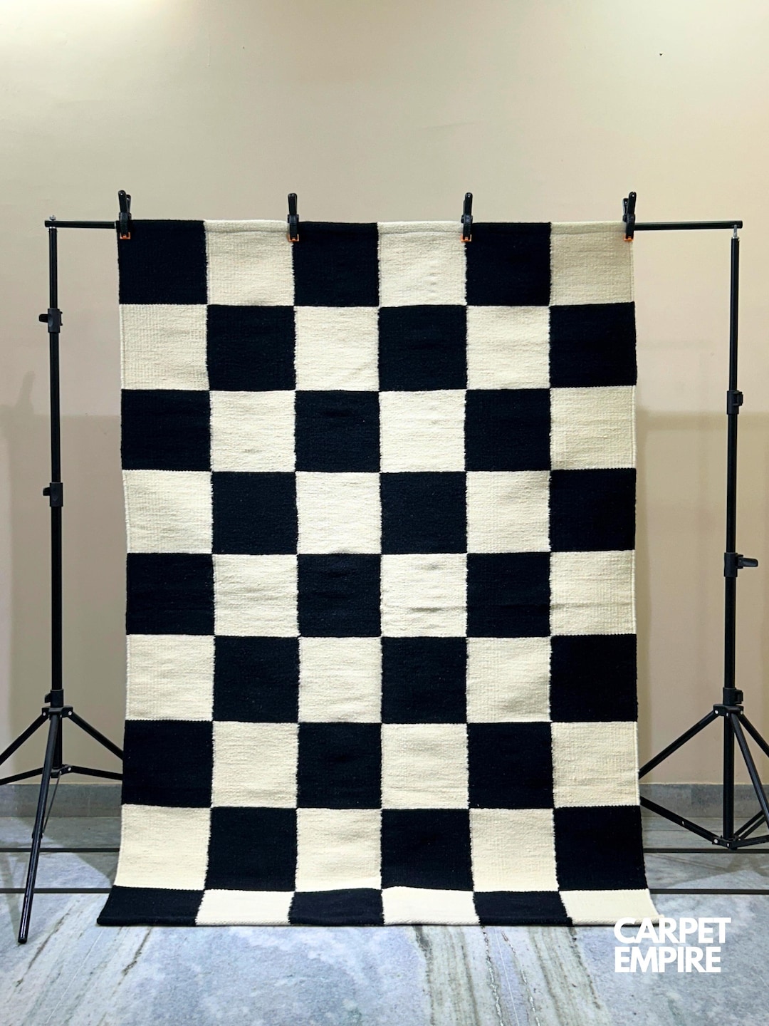 Checkered Wool Rug, Handmade Black/white Living Room Area Rug, Large ...