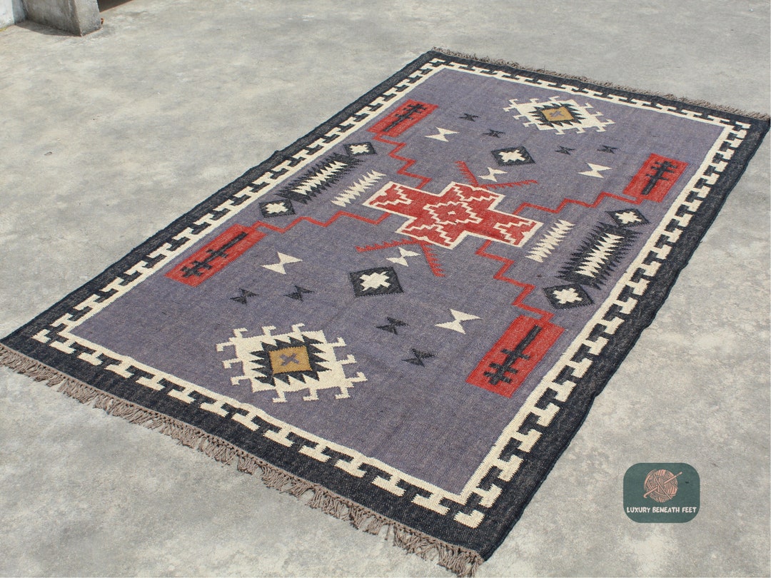 Navajo Kilim Rug, Handmade Wool Jute Rug, Aztec Rug, Rustic Kilim ...