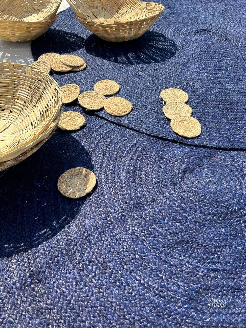 Blue Round Rug Navy Blue Jute Circle Rug Blue Round Area Rug Boho