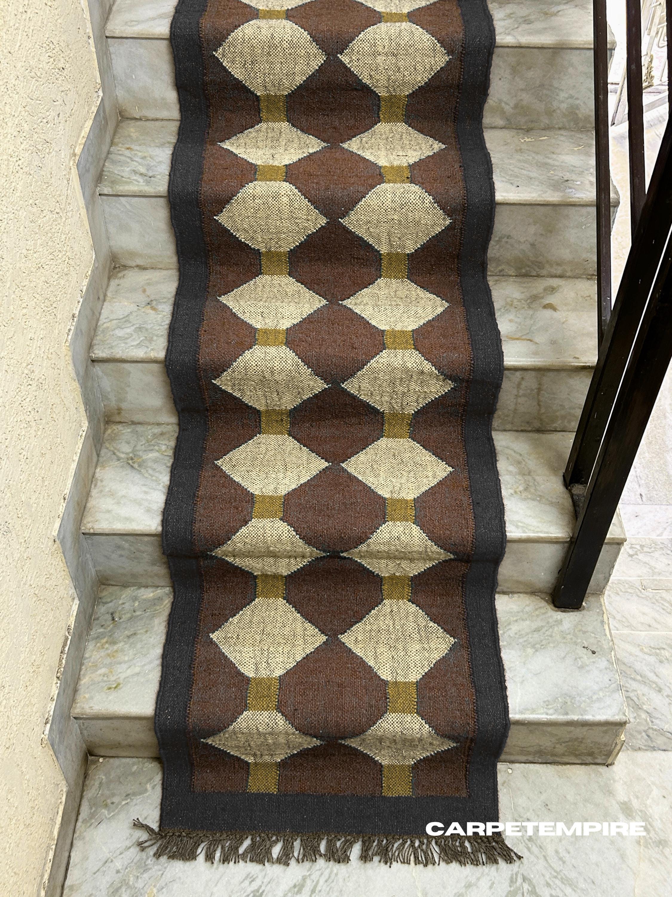 Earthy Fun Runner Rug Rustic Brown Runner: Handwoven Wool Jute Kilim Runner, Geometric Earthy ...