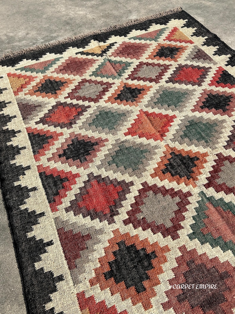 Multicolor Jute Wool Rug in handwoven kilim construction — a bold Kilim Area Rug with stepped-diamond pattern, all sizes woven to order.