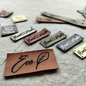 Set of 50 logo tags, premium quality, engraved labels, vegan faux leather tags, your logo, text, graphics, personalized, shapes, special.