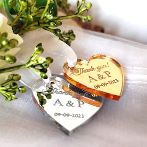 Set of 20 wedding tags, golden silver mirror acrylic, your names letters, personalized, personalization, square, heart, circle, for guests.