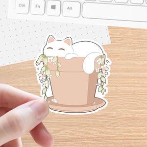Katze in Pflanze Sticker | Niedliche/Kawaii Cottagecore Illustration | Hausdekor | Tier Illustration | Süßer Katzen Sticker