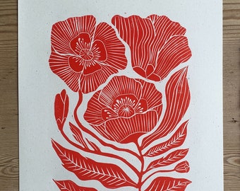 Poppy flowers linocut print
