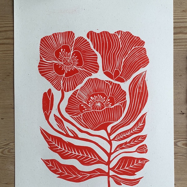 Poppy flowers linocut print