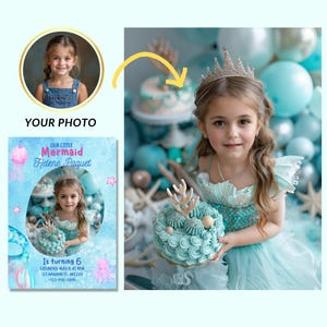 Portrait d'anniversaire de sirène personnalisé, carte d'invitation d'anniversaire, portrait de princesse personnalisé, cadeau d'anniversaire pour enfants, Ariel