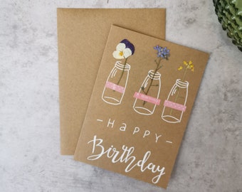 Card with dried flowers “Happy Birthday II” – birthday, congratulations, greetings