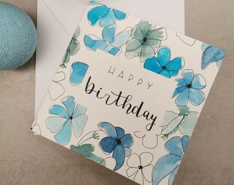 Karte mit Aquarell-Blumen „Happy Birthday“ – Geburtstag, Glückwünsche, Gratulation