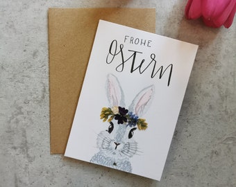 Card with bunnies and dried flower wreath – Easter greetings, Easter card, Happy Easter