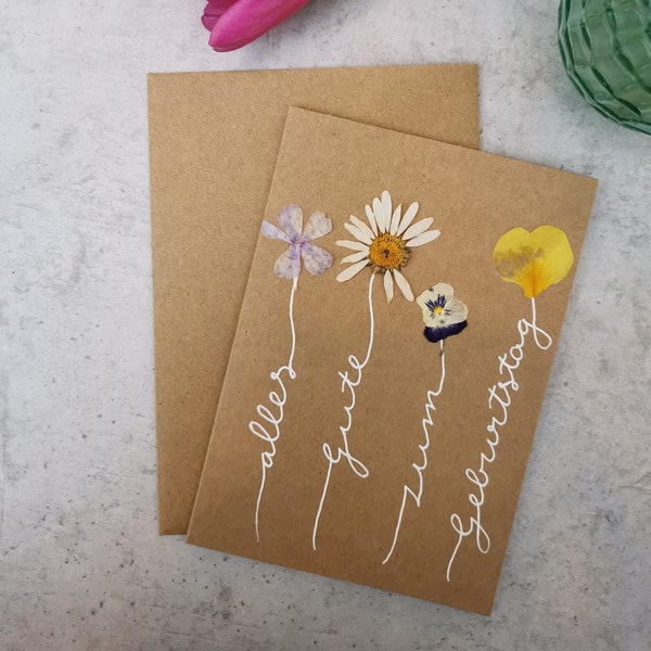 Card with dried flowers “Happy Birthday” – birthday, congratulations, congratulations