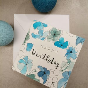 Karte mit Aquarell-Blumen „Happy Birthday“ – Geburtstag, Glückwünsche, Gratulation