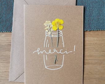 Card with dried flowers in vase “Merci” – thank you card