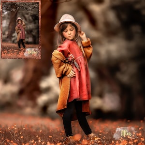 May include: A young girl wearing a red dress and a brown cardigan with a white hat stands in a field of orange flowers. The background is blurred and out of focus.