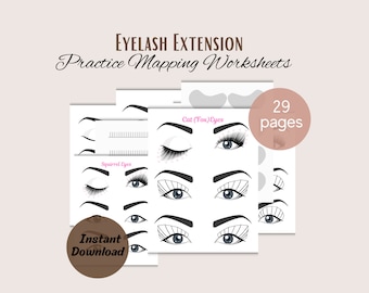 May include: A set of 29 printable eyelash extension practice mapping worksheets. The worksheets feature different eye shapes, including cat, fox, and squirrel eyes. The worksheets are designed to help lash technicians practice their mapping skills.
