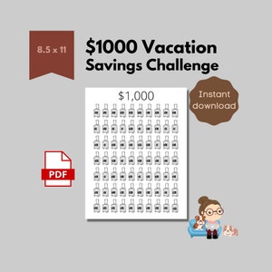 Puede incluir: Un rastreador de desafío de ahorro de vacaciones de 1.000 € imprimible. El rastreador presenta 40 iconos de maletas, cada uno con una cantidad en euros impresa. El rastreador está diseñado para ayudar a las personas a ahorrar dinero para unas vacaciones.