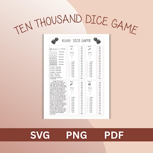 Op de afbeelding: Een wit spelbord met de tekst "TEN THOUSAND DICE GAME" en "10.000 DICE GAME". Het bord bevat scorekaarten, dobbelsteencombinaties en instructies. De onderkant van het bord heeft de tekst "SVG", "PNG" en "PDF".