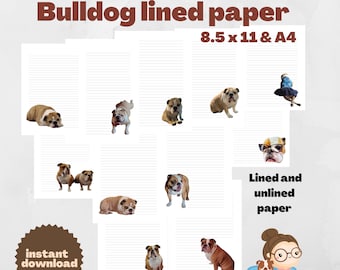 Printable Stationery Paper, Bulldogs Dogs Notepad, A4, 8.5x11, Lined Unlined, Digital Letter Writing Paper, Printable Note Paper, Journal