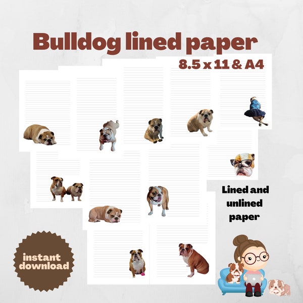 Printable Stationery Paper, Bulldogs Dogs Notepad, A4, 8.5x11, Lined Unlined, Digital Letter Writing Paper, Printable Note Paper, Journal