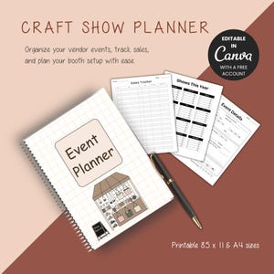 Puede incluir: Un planificador de ferias de artesanía con encuadernación en espiral, con una cubierta beige con las palabras "Event Planner" y una ilustración de un puesto de artesanía. Incluye páginas para el seguimiento de ventas y detalles del evento. Un bolígrafo negro descansa sobre las páginas.