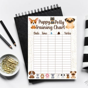 May include: A printable puppy potty training chart with a white background and gold glitter. The chart has columns for date, time, pee, poop, and notes. There are cartoon dogs at the top and bottom of the chart.