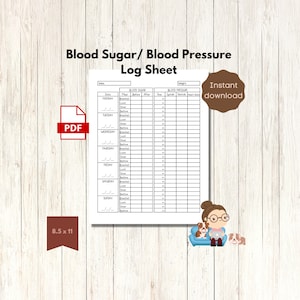 Blood Sugar Blood Pressure Log Sheet PDF Instant Download Health Tracker Care for Elderly