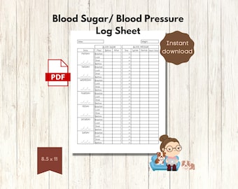 Blood Sugar Blood Pressure Log Sheet PDF Instant Download Health Tracker Care for Elderly