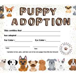Puppy Adoption Printable Instant Download New Puppy Certificate PDF - Etsy