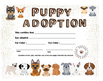 Puppy Adoption Printable Instant Download New Puppy Certificate PDF