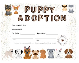 Puppy Adoption Printable Instant Download New Puppy Certificate