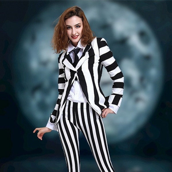 Traje de chaqueta de rayas verticales en blanco y negro con corbata para mujer/disfraz de Lydia para Halloween/disfraz de Halloween para mujer
