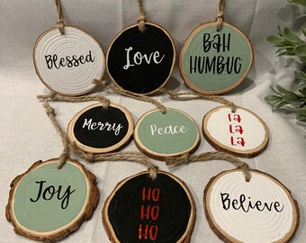 Natural wood ornaments, round wood ornaments, hand-painted custom ornaments, personalized ornament