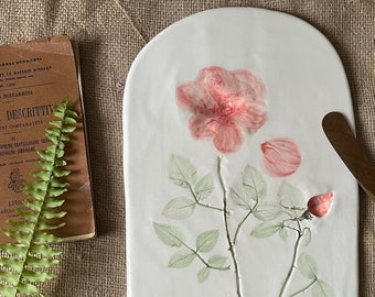 Plate tray with botanical floral decoration, newlyweds gift, handmade, romantic style, Italian ceramic, gift idea, unique piece