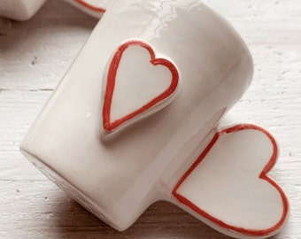 White cup and teaspoon set, wedding gift, handmade, romantic style, ceramic hearts, breakfast, ceramic cup, table set