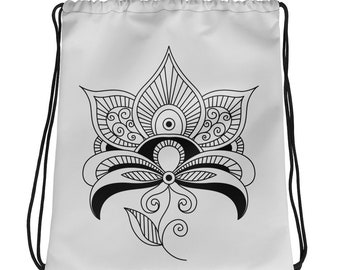 Lotus Flower, Black Line, Drawstring bag, Yoga Bag