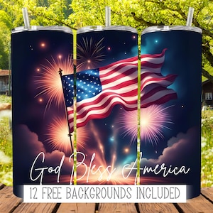 God Bless America Patriotic Tumbler Wrap | For 20 oz Skinny Tumbler | Sublimation PNG | American Flag | 4th of July | Veteran&#39;s Day