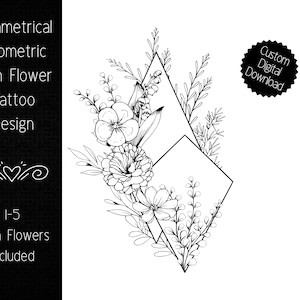 Symmetrical Geometric Birth Flower Tattoo Design, Includes up to 5 birth flowers.