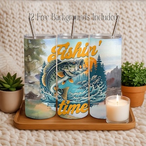 Bass fishing Fishin Time 20 oz Skinny Straight Sublimation Lake Angler Fisherman Tumbler Wrap Design Unlimited Commercial Use License PNG