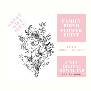 Custom family birth flower print, for 1-5 birth flowers, personalized family birth flower bouquet , Family heirloom, great gift idea