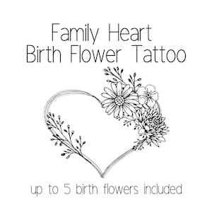 Familiehart geboortebloemtattoo, bevat maximaal 5 geboortebloemen.
