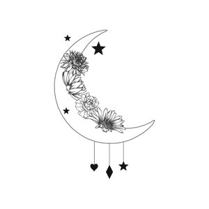 Personalized crescent moon and birth flower tattoo design, includes up to 5 birth flowers.