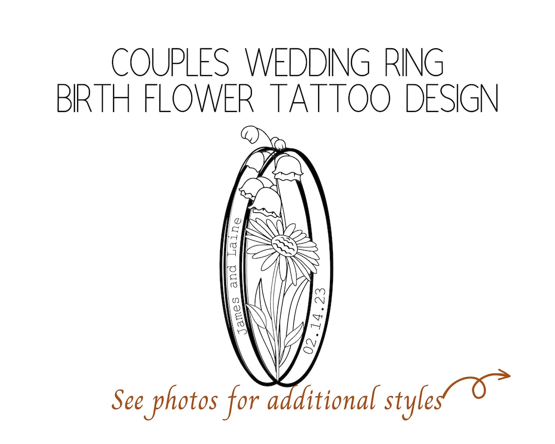 Birth Flower Wedding Ring Tattoo for Couples. Multiple Styles Available