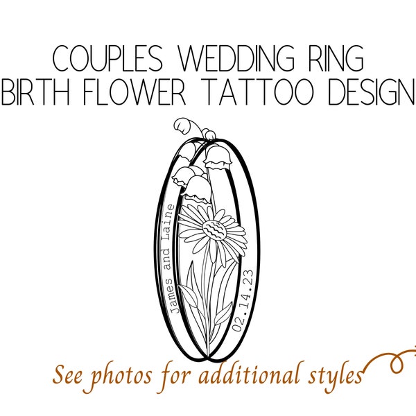 Tatouage de bague de mariage de fleur de naissance pour les couples. Plusieurs styles disponibles.