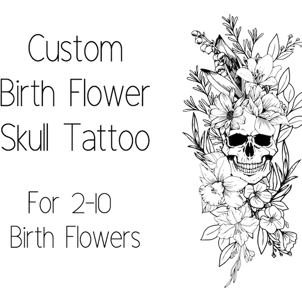 Conception personnalisée de tatouage de crâne de fleur de naissance. Design idéal pour une cuisse, une épaule ou un côté.