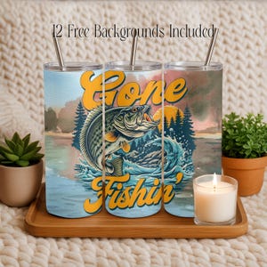 Bass fishing Gone Fishin 20 oz Skinny Straight Sublimation Lake Angler Fisherman Tumbler Wrap Design Unlimited Commercial Use License PNG