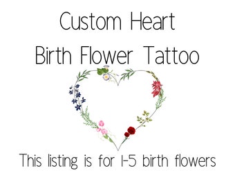 Conception personnalisée de tatouage de fleur de naissance de coeur, tatouage de fleur de naissance de couleur, conception de fleur de naissance de famille, tatouage d’art de ligne, conception minimaliste